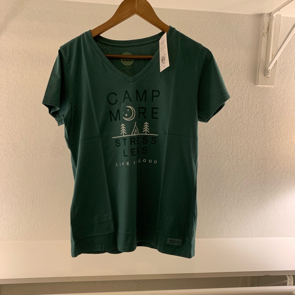 Life is Good Womens Camping Graphic T-Shirt V-Neck